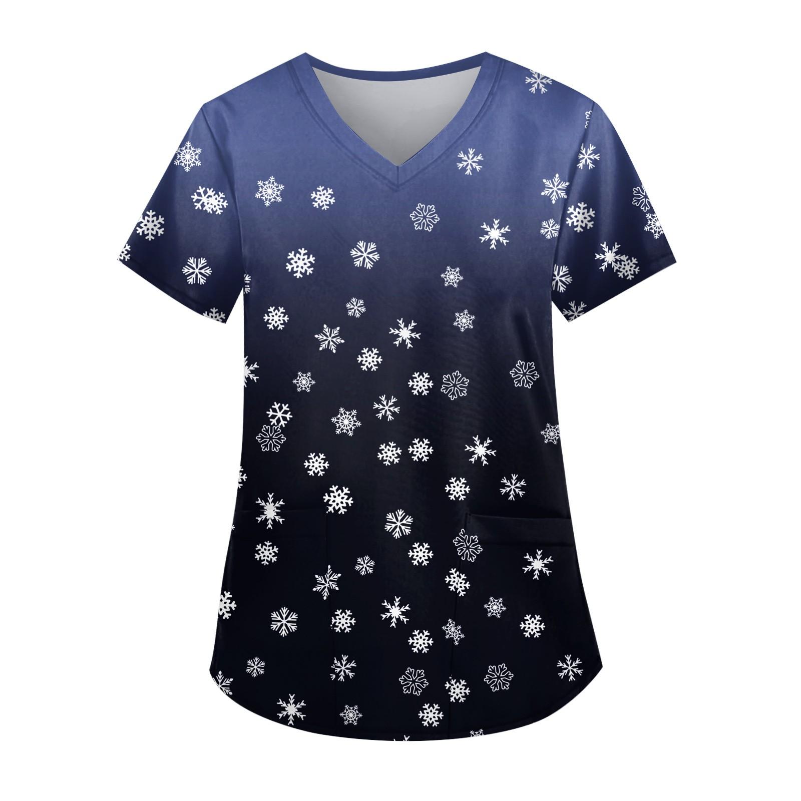 

Женская симпатичная рабочая одежда с принтом, V-образным вырезом, двухслойными карманами, базовым коротким рукавом, пуловером на Рождество S