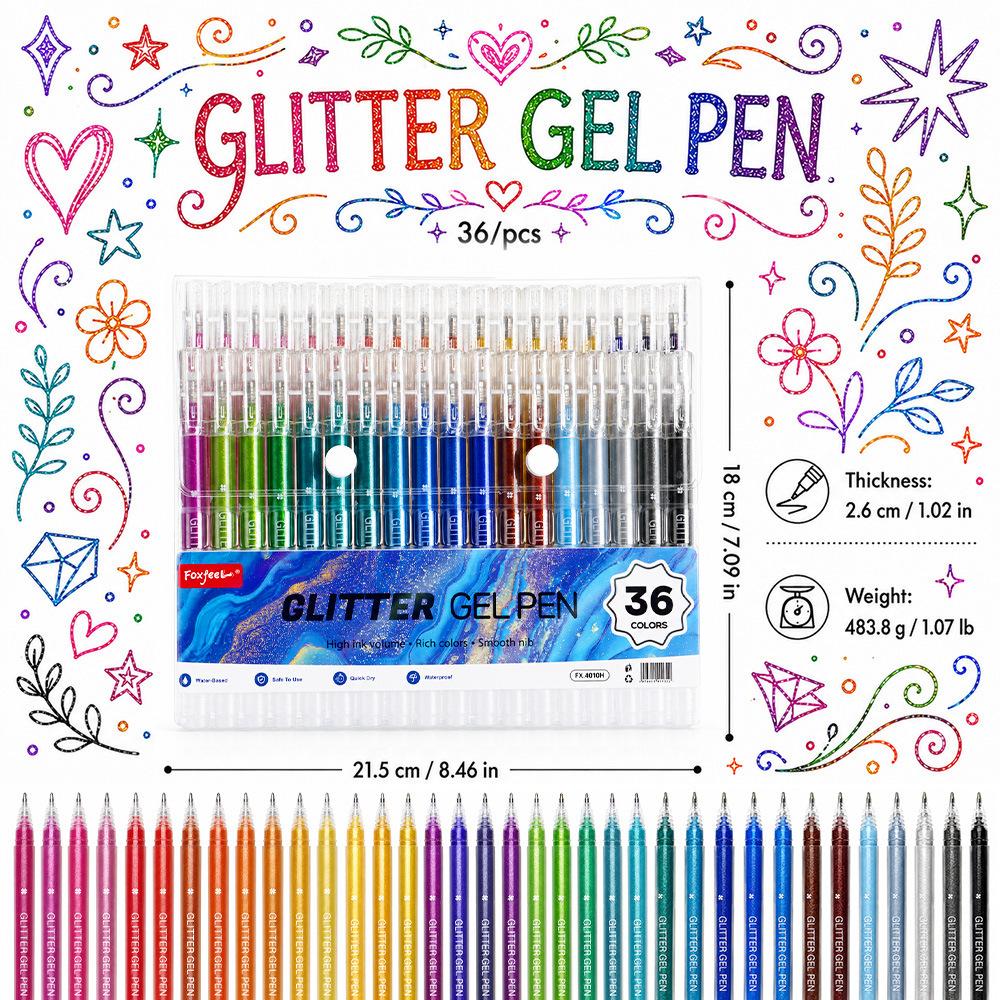 Colorful Glitter Gel Pens 12/36pcs Set 0.8mm Fine Point Vibrant Sparkle Highlighter Liner Stackable Shimmer Pattern