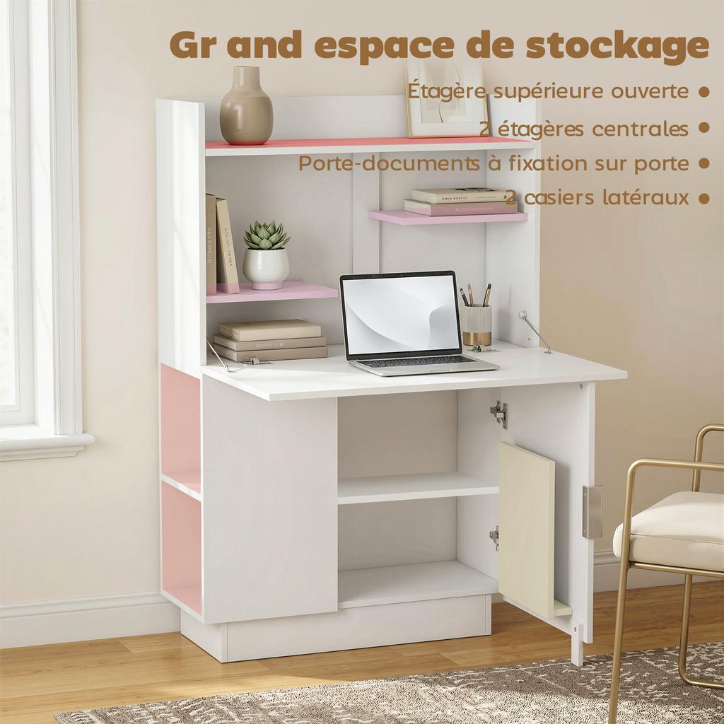 Folding Computer Desk, Drop-Leaf Top, Shelves, Cupboard, 80 x 30 x 128 cm, White