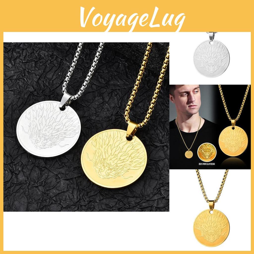 Exquisite Titanium Steel Round Pendant Necklace For Men And Women With Dragon Design