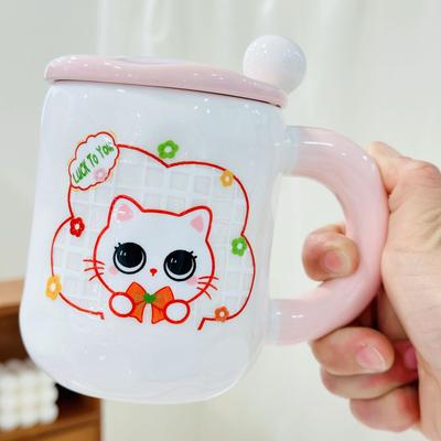 Kočičí šálek pro domácnost Sada na vodu odolný vůči vysokým teplotám s víčkem Lžíce Kreslený hrnek Vysoký vzhled Velkokapacitní keramický šálek