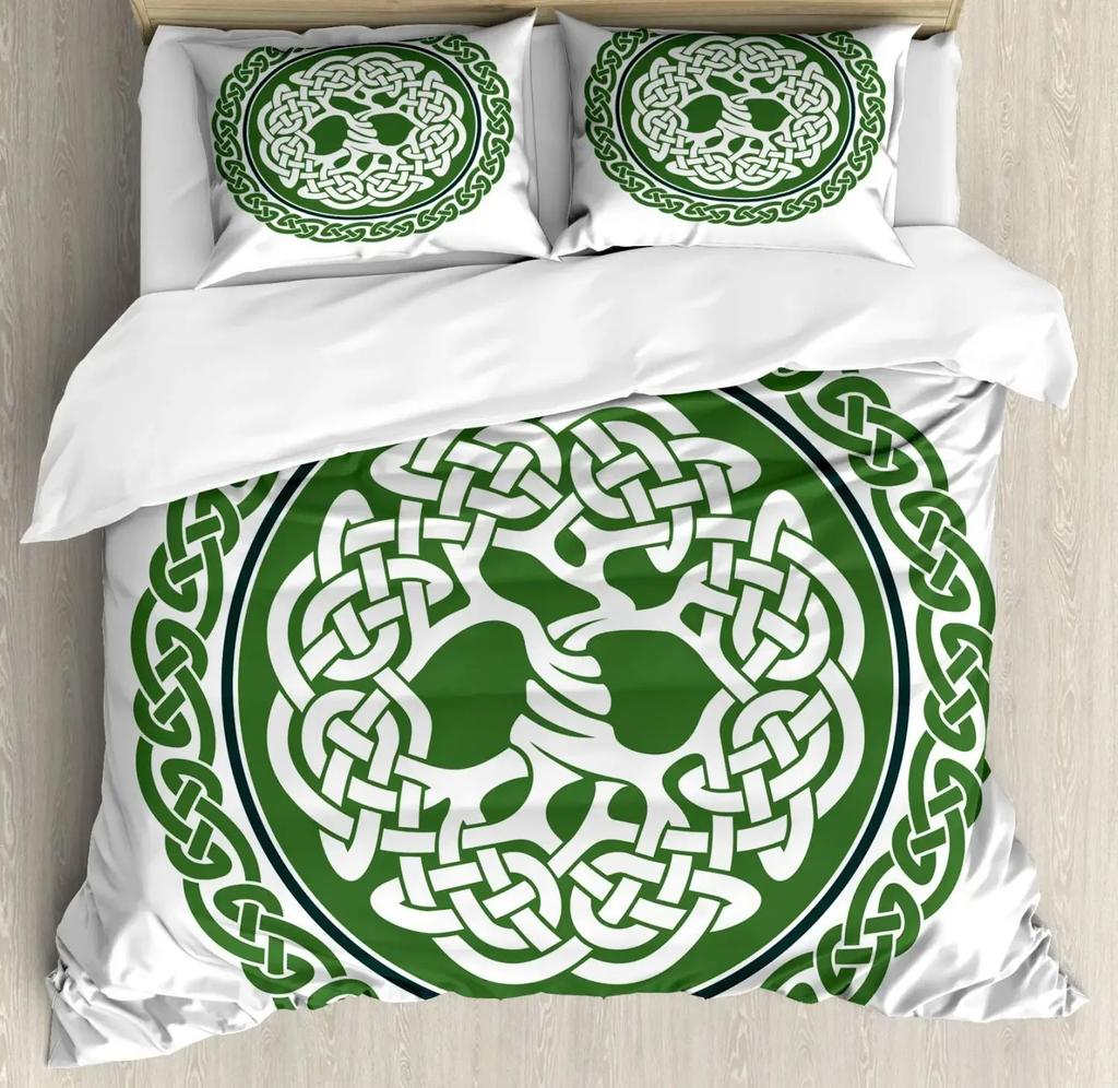 Viking Celtic Duvet Cover Set, Celtic Knot with Tridents Forest and Mountains Scandinavian Germanic Culture,Bedding Sets Decor