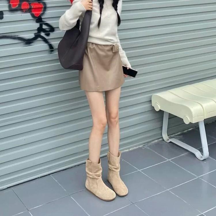 Blue Cabinet Edition~ Inner Height Increasing Retro Short Boots Women's 2025 Autumn and Winter Western Martin Boots Round Head Short Boken Stacking 