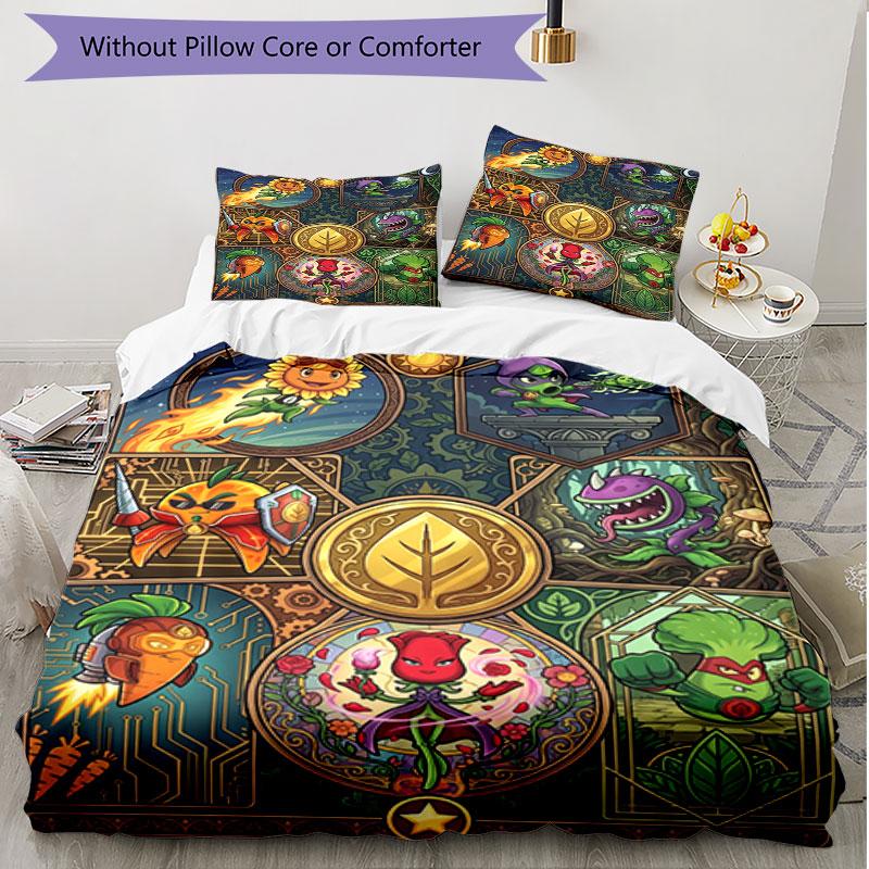 3pcs Duvet Cover Set (1*Duvet Cover + 2*Pillowcase, Without Core), Plants VS Zombies Print Soft All‑Season Bedding Set, Home Bedroom Decor Gift