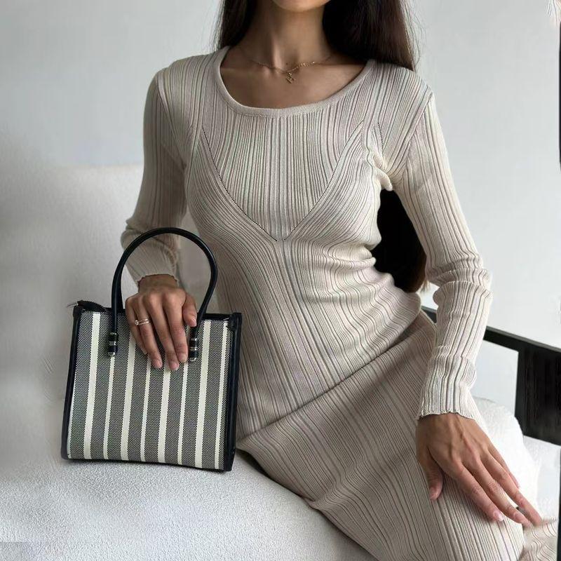 

Fashion Style Knitted Long-Sleeved Dress Wave Pattern Sheath Dress Knitted Long Sleeved Dress Beige L