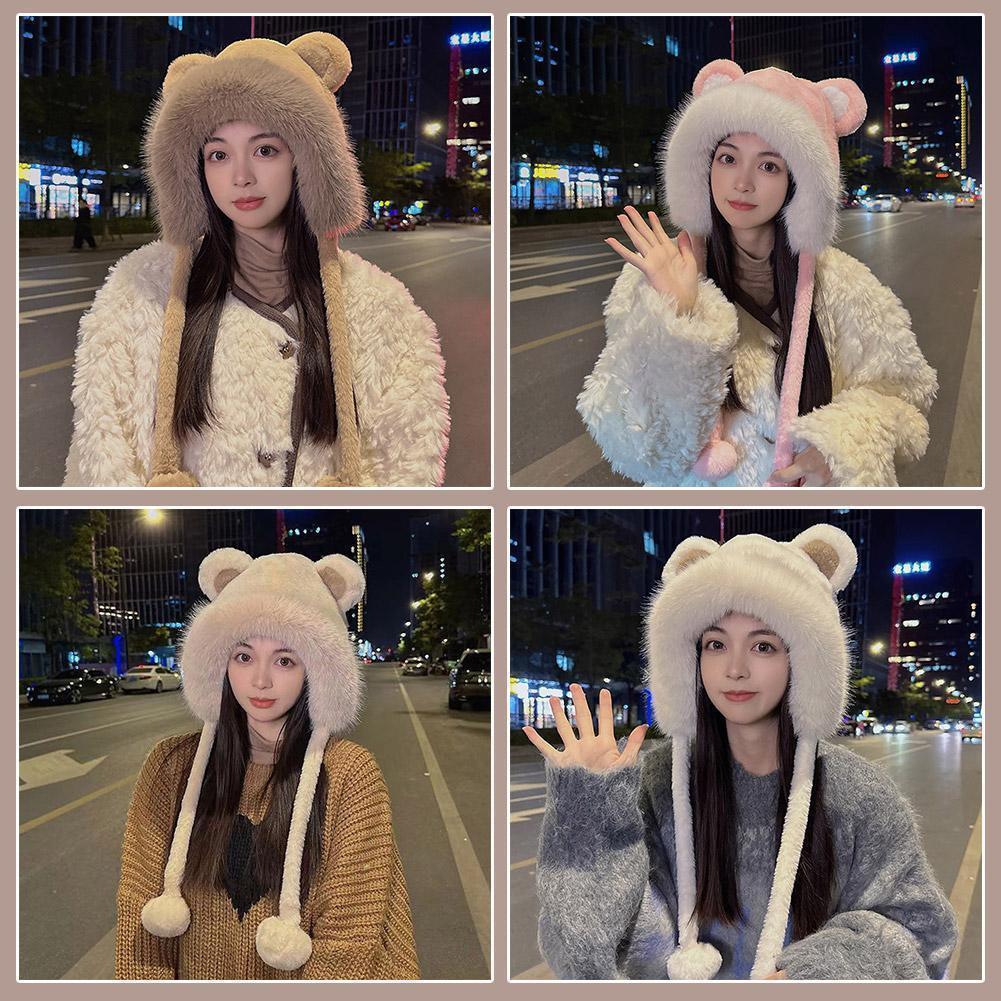 Women Winter Warm Kawaii Fur Imitation Mink Plush Hat Thickened Cute Bear Ear Japanese Bomber Hat Ear Protection Cap Gifts