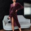 Women Autumn Winter Golden Velvet Evening Nightclub Dress Sexy Open Leg Slim Long Sleeve Mid-calf Dresses