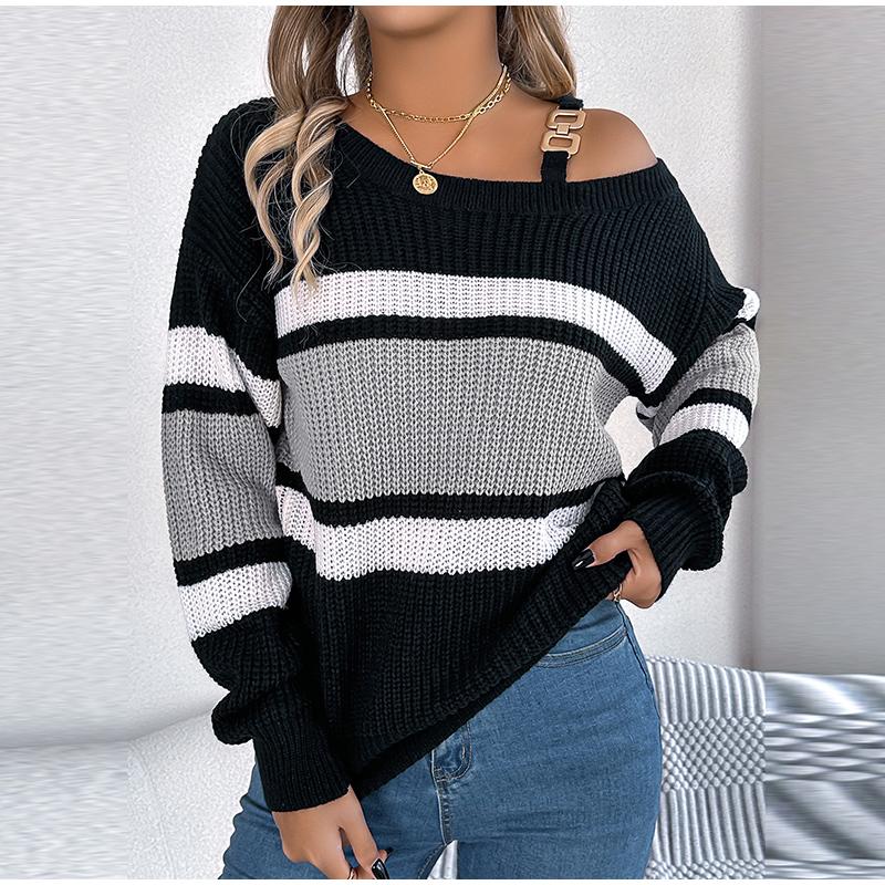 Сексуальный полосатый трикотажный пуловер с вырезом-лодочкой — фото 14