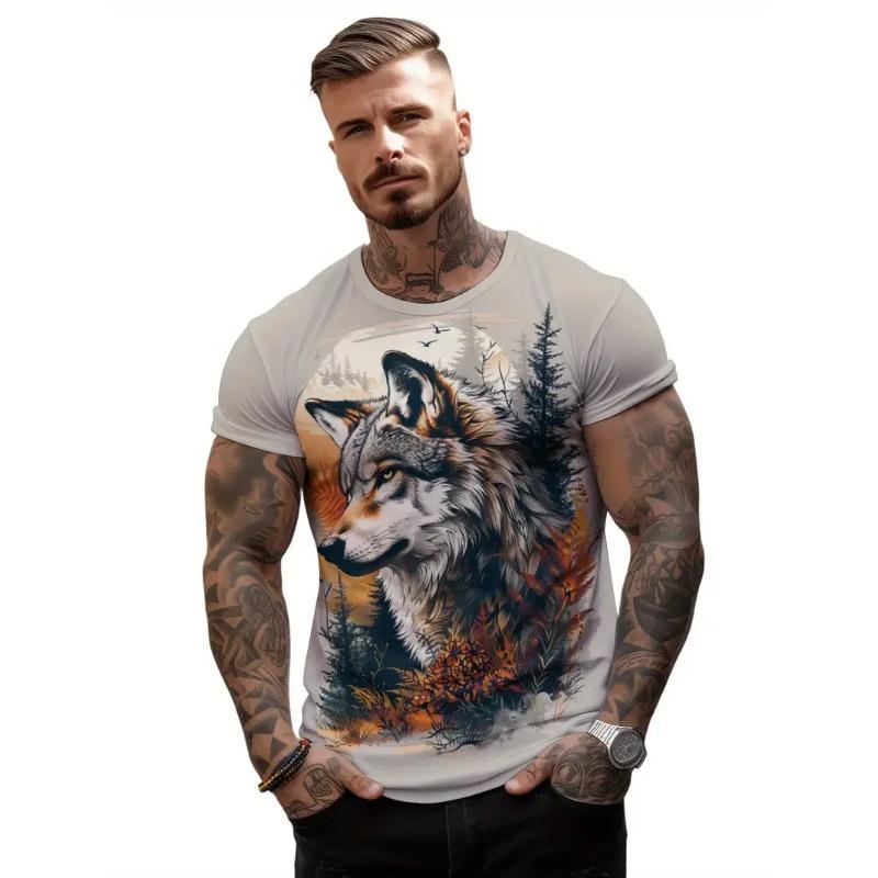 Animal Wolf Pattern Men's T-shirt Fashionable Round Neck Short Sleeved Top