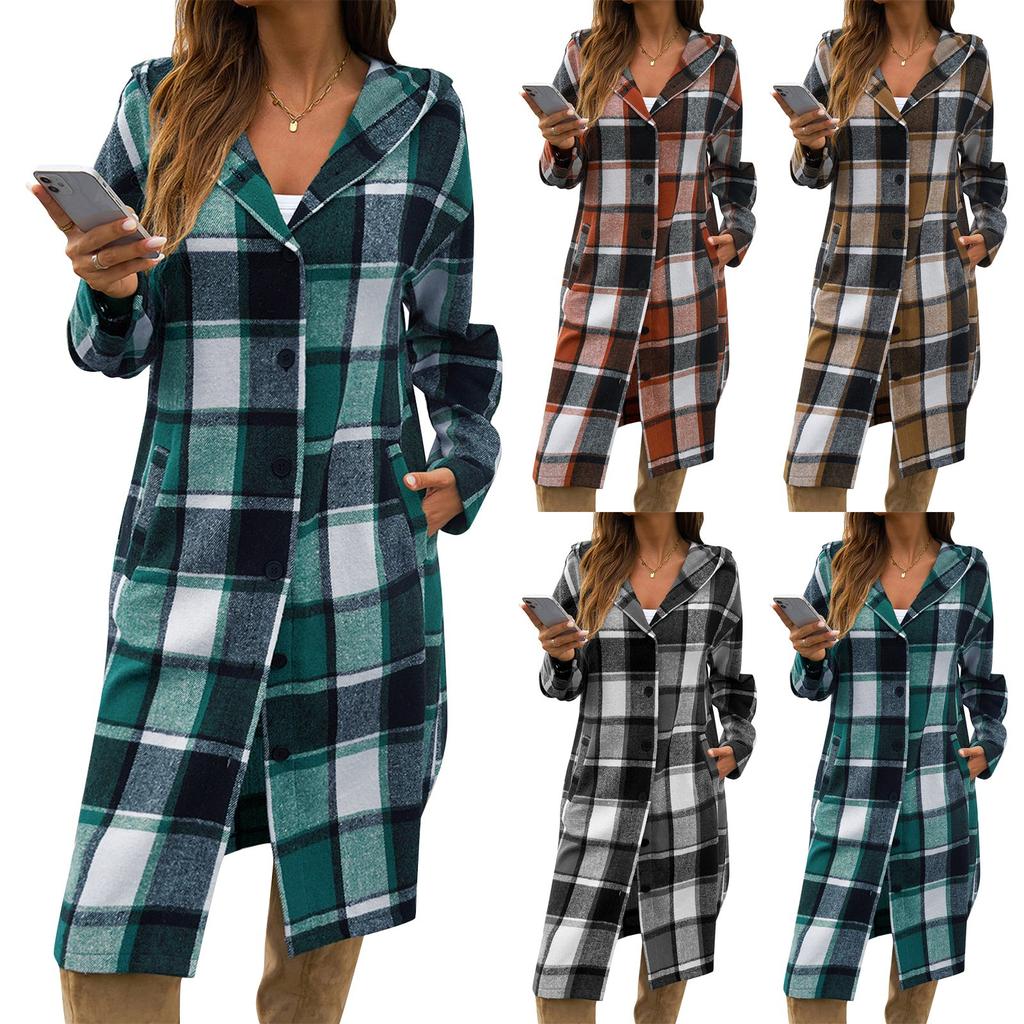 Women's Plaid Casual, Fashionable, Comfortable, Loose, Contrasting Color Breasted Hooded Jacket