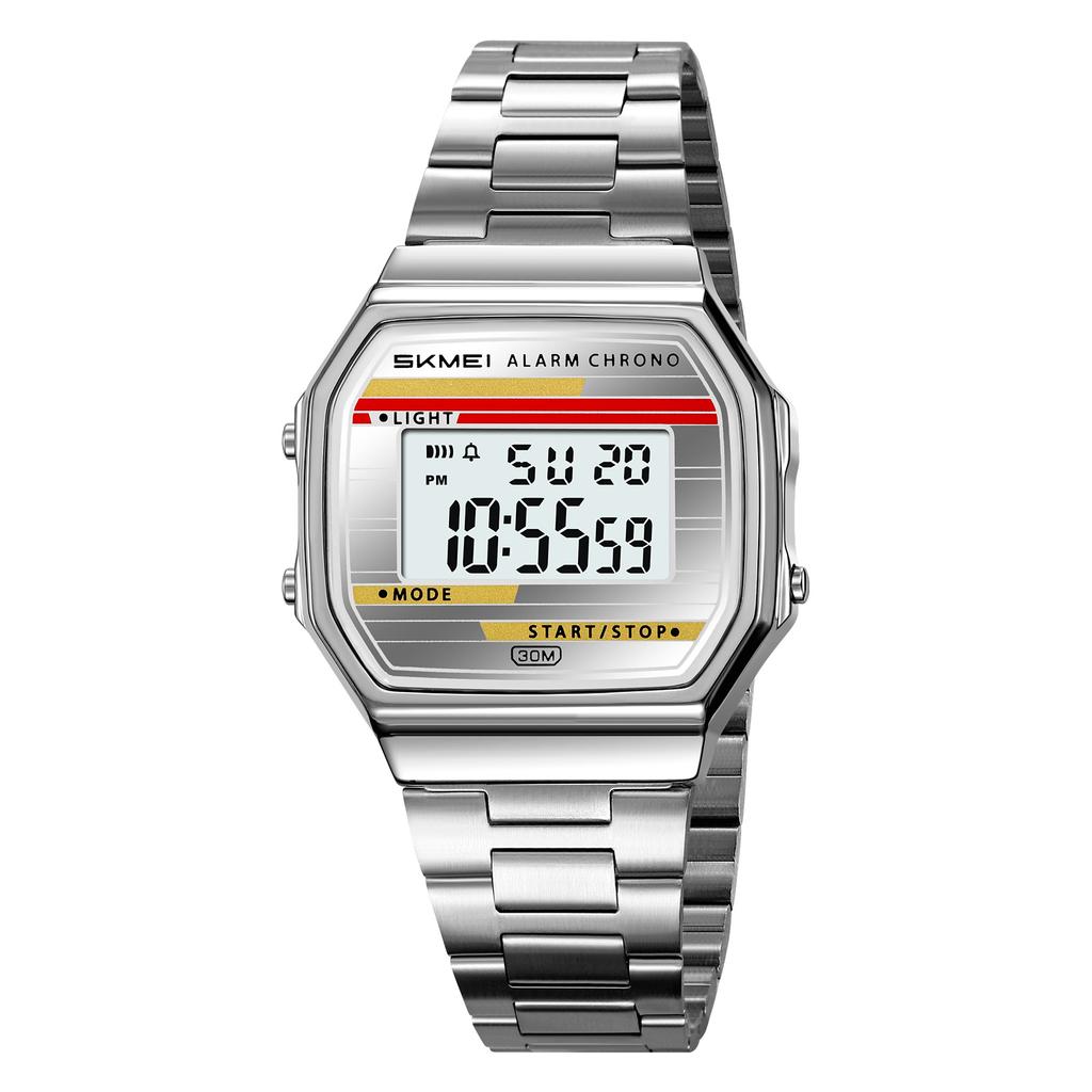 SKMEI 2514 Fashion Casual Men's Digital Watch Steel Strap Waterproof Small Square Dial Multifunction Male Electronic Clock Gift