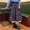 Neuer japanischer Mori Girl Damen Midirock Hohe Taille Marineblau Braun Blumenrock mit Spitzenrüschen Vintage Eleganter Cordrock
