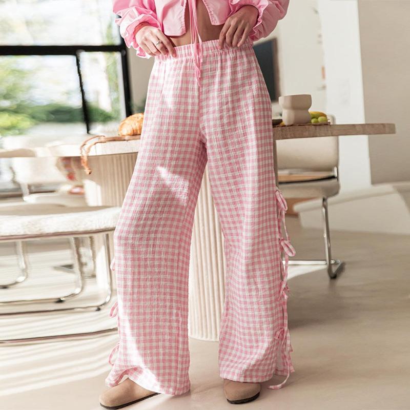 Pantalon Long Décontracté d'Automne pour Femmes à Taille Élastique, Imprimé Plaid, avec Lacets à Nouer