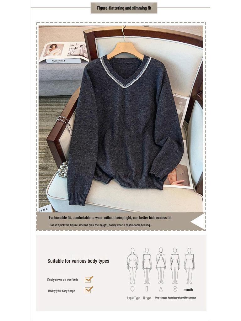 Plus Size V-Neck Knit Sweater: Slimming, Loose Fit, Mid-Length, Long Sleeve (Sizes Up To 350 Jin)