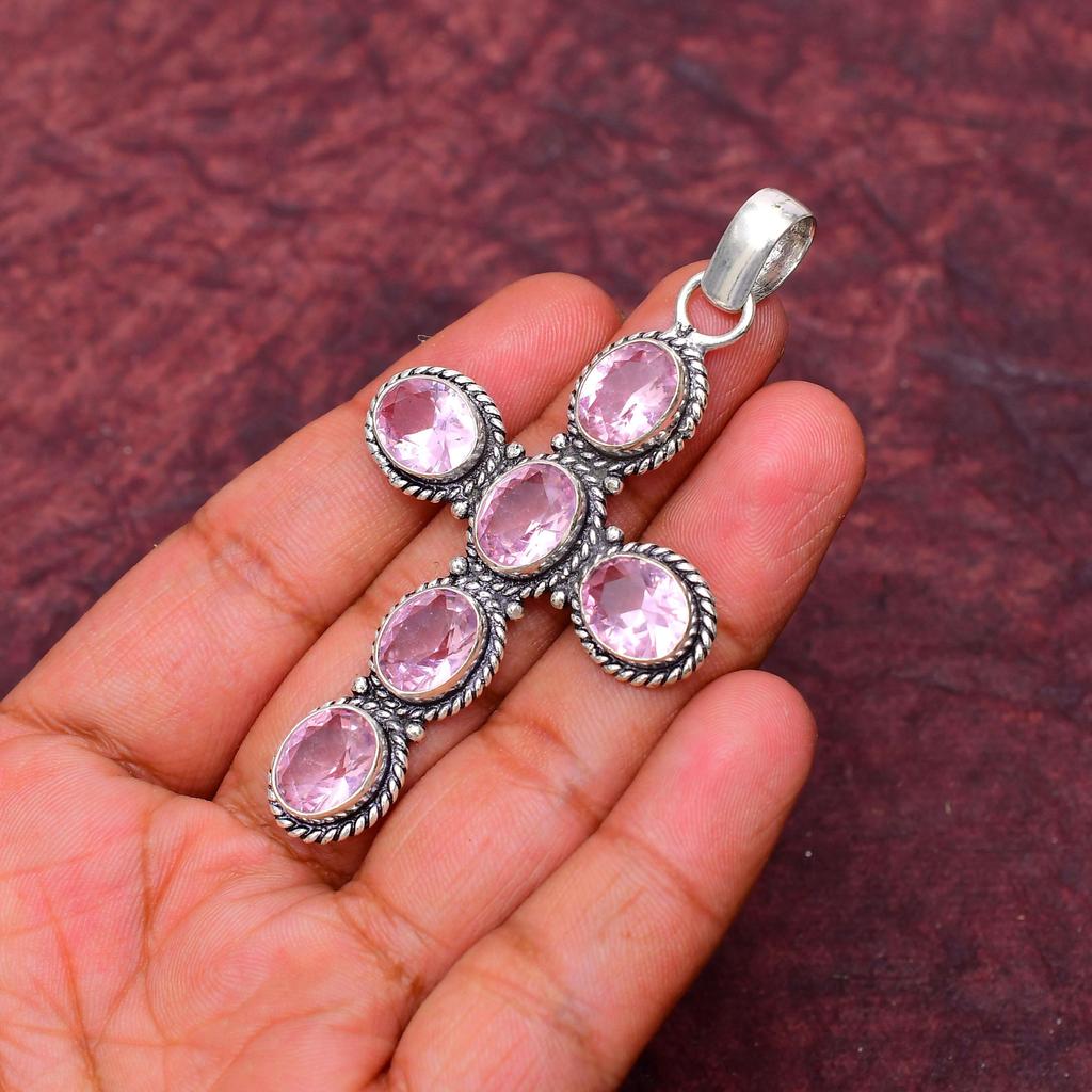 Pink Kunzite Gemstone Cross Shape Pendant Gemstone : 925 Sterling Silver Handmade Jewelry Pendant