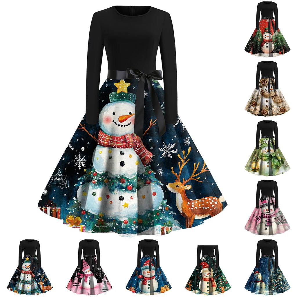 Women's Fashion Round Casual Slim Fit Christmas Print Large Swing Long Sleeve Dress