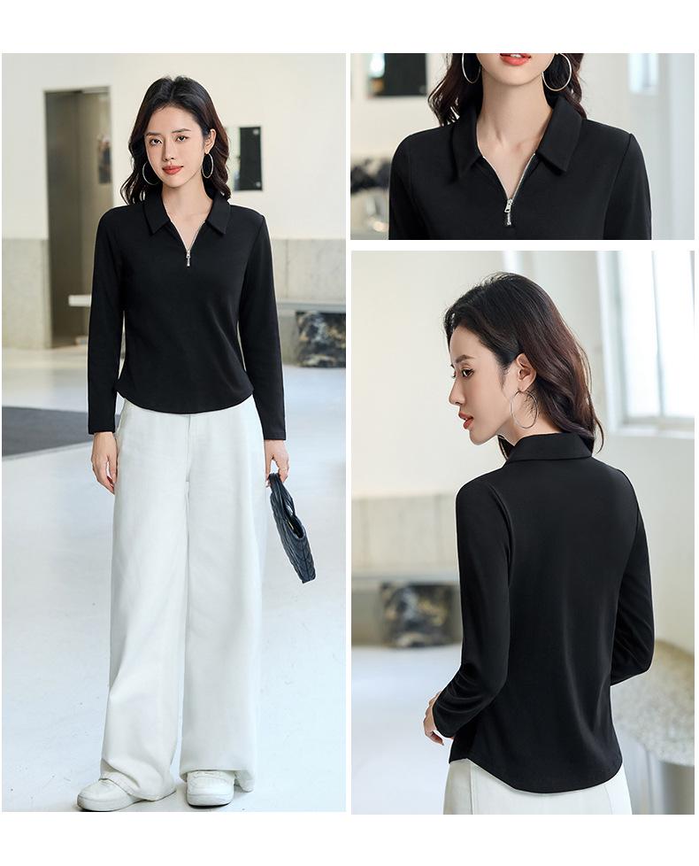 2025 Women's Slim Fit Long-Sleeve Polo Collar T-Shirt - Solid Color Base Layer for Spring and Autumn