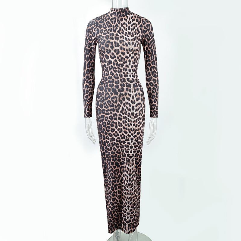 European and American autumn fashion leopard print stand-up collar long-sleeved slim-fitting long dress manufacturer straight hair