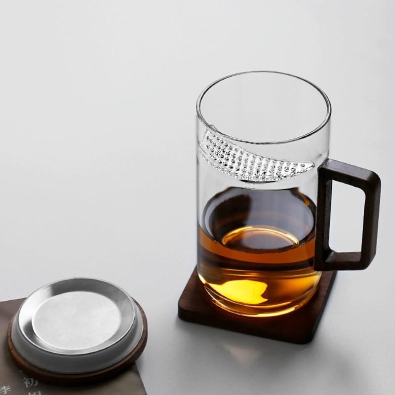 Glass Green Tea Brewed Tea Cup with Crescent Filtration Single Layer Transparent Cup Wooden Handle Household Large Capacity Flower Tea Cup