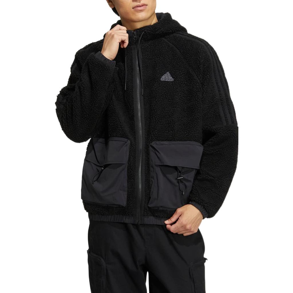 Adidas Jednobarevná fleecová bunda s logem s dlouhým rukávem Pánská bunda Černá HR4440