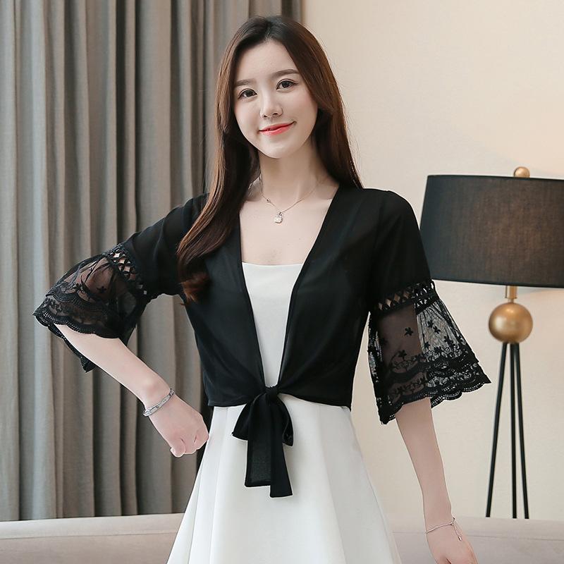 

Летний тонкий кардиган с короткими рукавами, солнцезащитная рубашка, ажурный кружевной шифоновый топ, модная повседневная простая офисная короткая блузка с галстуком, однотонная свободная одежда 2XL чёрный