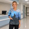 Womens Halloween Print V Neck Medical Scrub Top with Pockets Side Slits and Three Quarter Sleeves Halloween Themed Nurse Uniform Shirt
