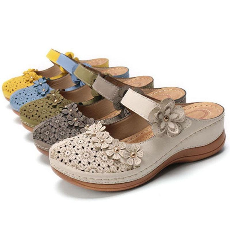 Women Summer Open Toe Floral Beach Walking Slip-on Sandals With Wedge Heel**