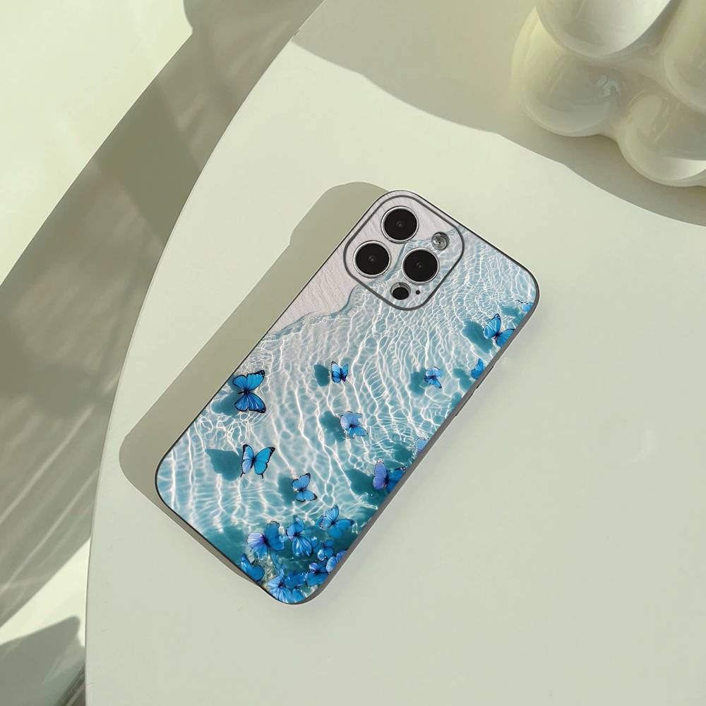 Blue Butterfly Ocean wave  Phone Case For iPhone 17,16,15,14,13,12,11 Pro Max,16/15/14Plus,XS Soft Black Cover