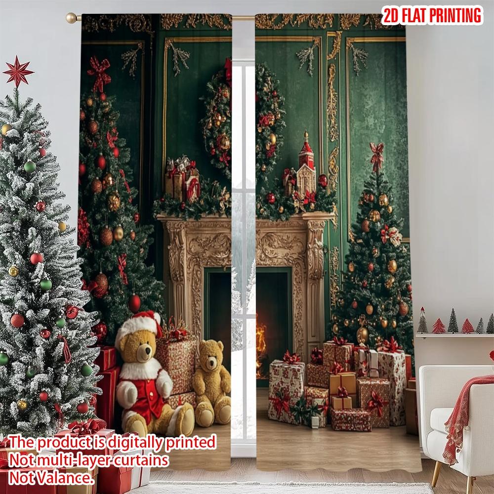 2pcs 2D flat printing High-Quality Christmas Curtains Luxurious retro fireplace and warm walls Digital Printed Polyester Drapes