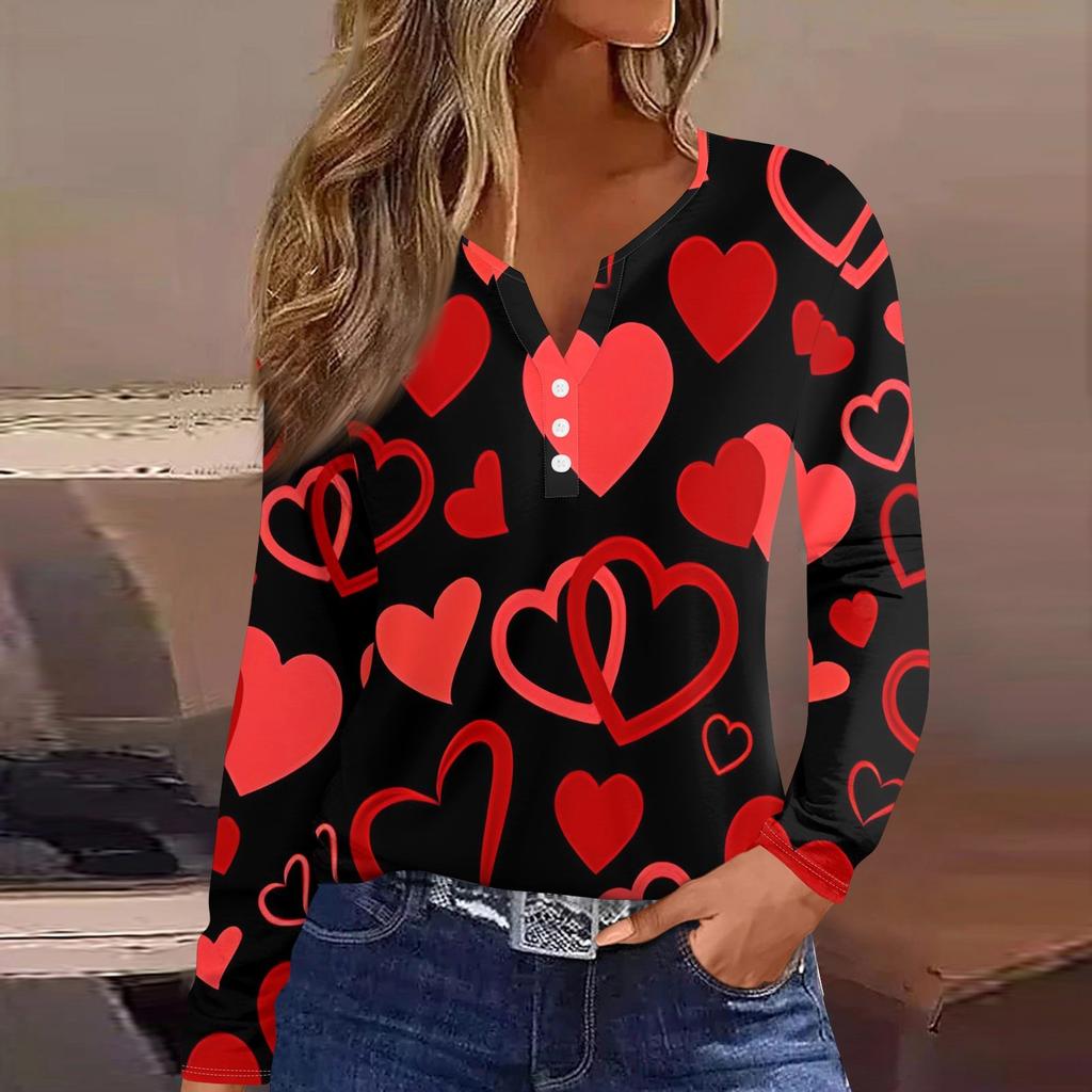 Women's Fashion Casual Valentine's Day Printed V-Neck Long Sleeve Button Down T-Shirt Top