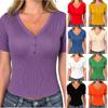 Top Henley da Donna a Maniche Corte in Maglia a Coste con Scollo a V e Bottoni, T-shirt Base Casual Slim Fit Elastica per l'Uso Quotidiano