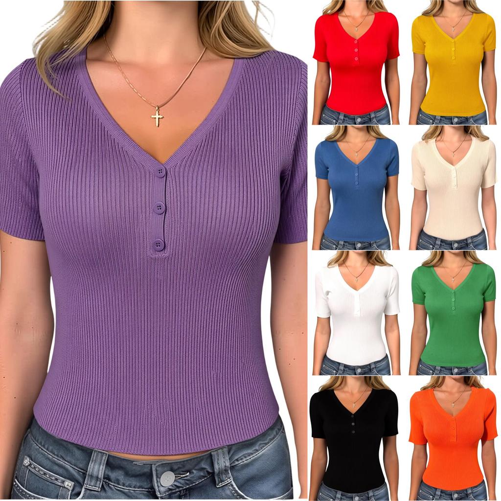 Women V Neck Ribbed Knit Short Sleeve Top with Button Casual Slim Fit Pullover for Everyday Wear
