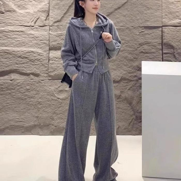 

Women s 2025 Trendy Casual Sports Suit: Stylish Hooded Cardigan and Wide-Leg Pants Set XXL