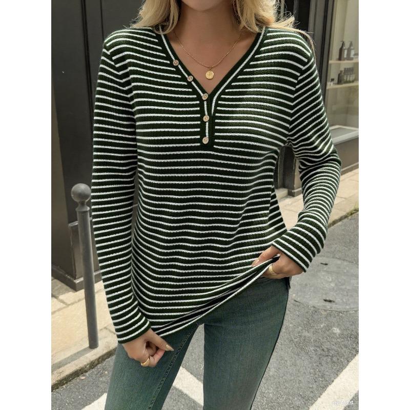 Women S V Neck Long Sleeve Striped T Shirt Casual Street Style