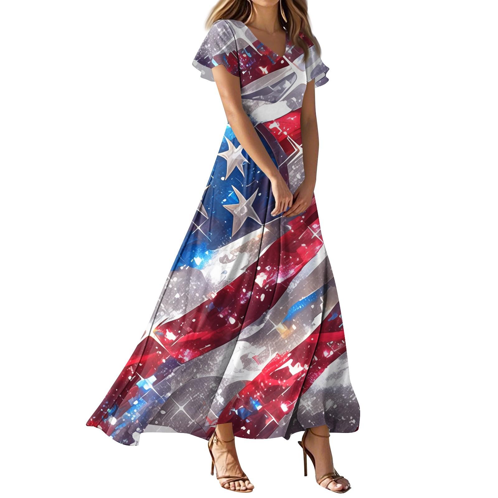 

Женское повседневное платье с принтом флага Дня независимости, V-образным вырезом, короткими рукавами и высокой талией XS винный