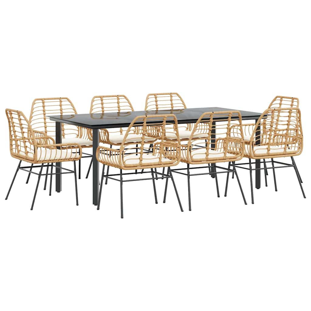 9 piece outdoor dining set with cushions brown poly rattan glass table