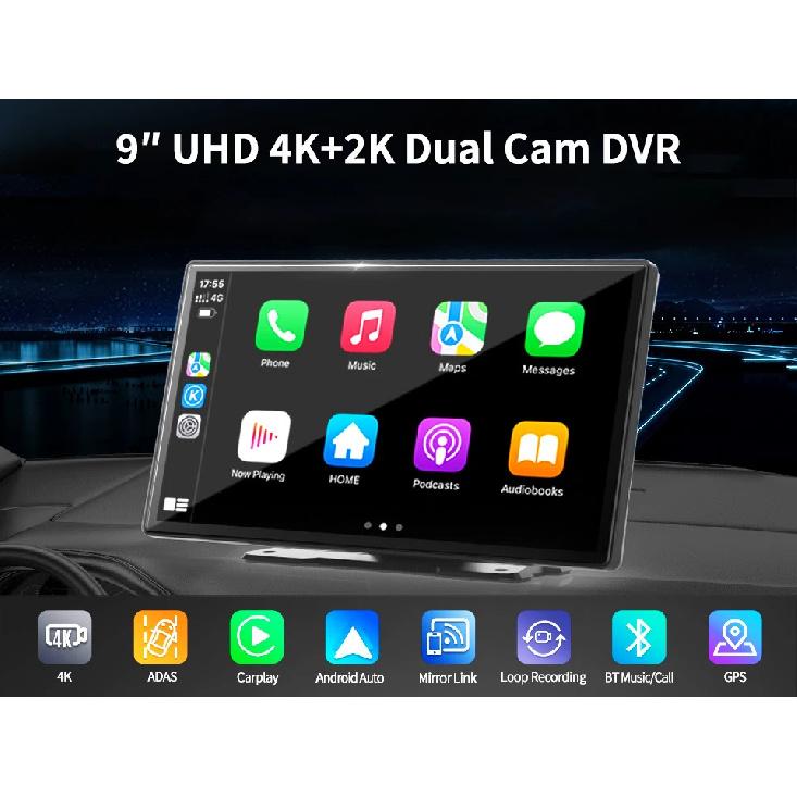 Imagebon 9" 4K Dashcam Wireless CarPlay & Android Auto Car DVR GPS Navigation Night Vision Dual Lens WiFi AUX FM