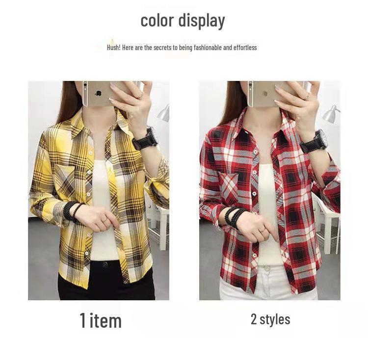 Women's Korean Style Plaid Shirt, Long Sleeve, Loose Fit, College Style Outerwear, 2025 Spring/Autumn Collection