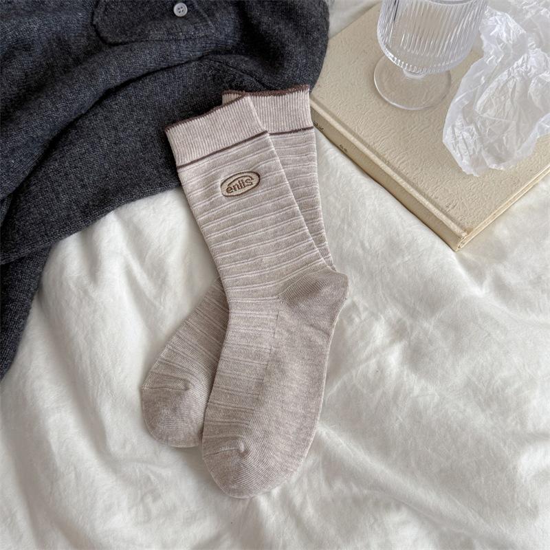 Striped Embroidered Letter Boneless Textured Cotton Mid-calf Socks for Casual Sports Women