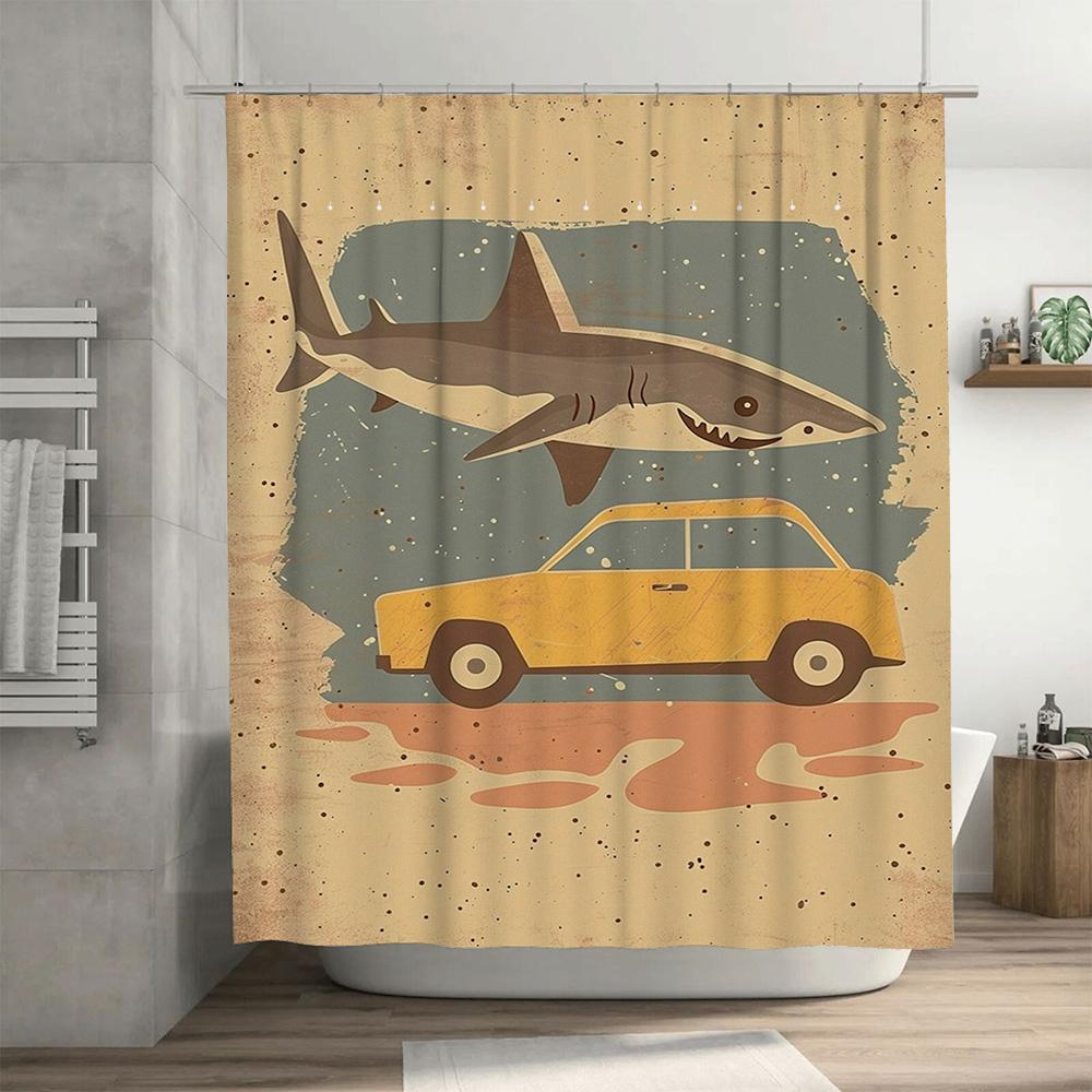 Vibrant Retro Bath Shower Curtain Unique Shark Car Design Waterproof Fabric Easy Installation