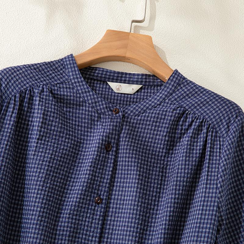 Japanese Style Blue Plaid Cotton Linen Shirt Dress for Women - Summer Short Sleeve Long Layered Design
