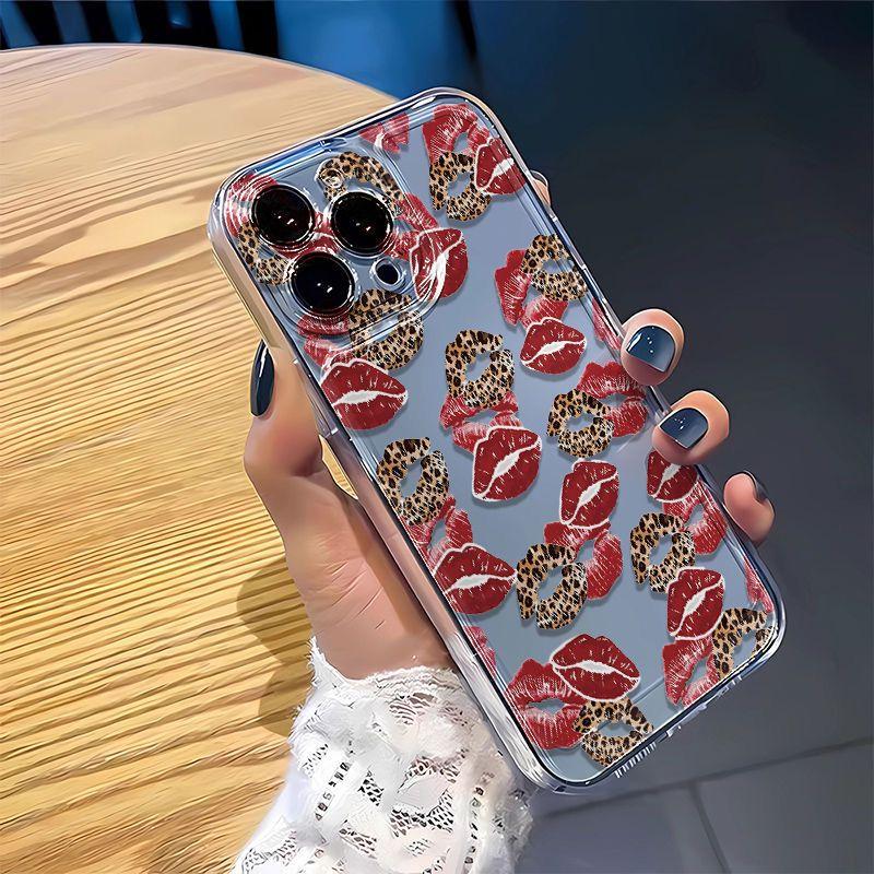 Leopard Print Red Lips Transparent Phone Case For iPhone 16 15 11 12 14 13 Pro Max Mini X XSMax XR 7 8 Plus SE4 16e Silica Cover