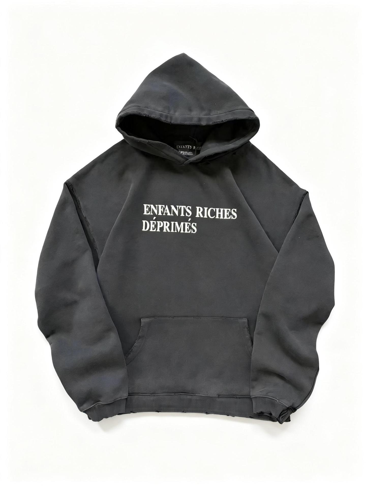 Меланхоличная Роскошная Ретро-Слогановая Тяжелая Стиранная Толстовка с Капюшоном, Плотность 820 г L