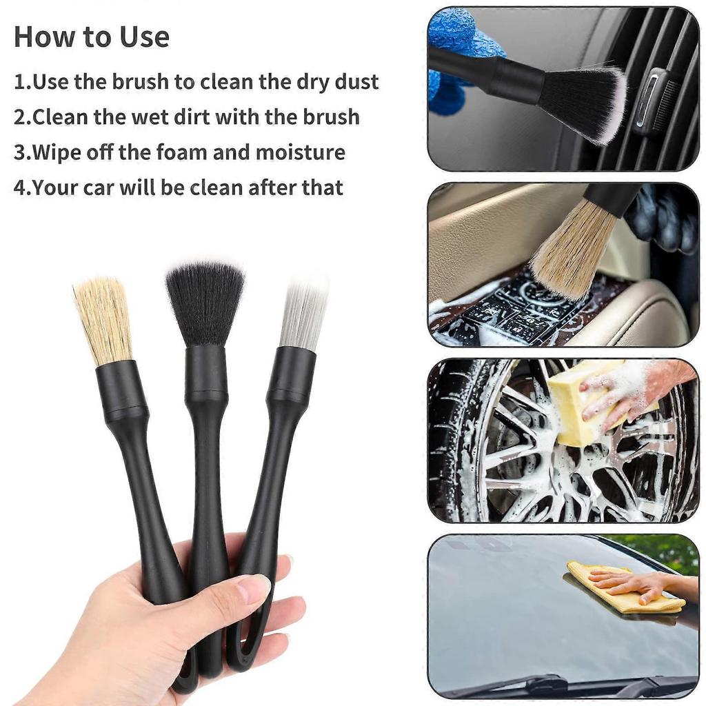 Car Detailing Brush Set, 3 Pcs Car Interior Detailing Brushes Natural Boars Hair Detail Brush Auto Ultra-Soft Detail