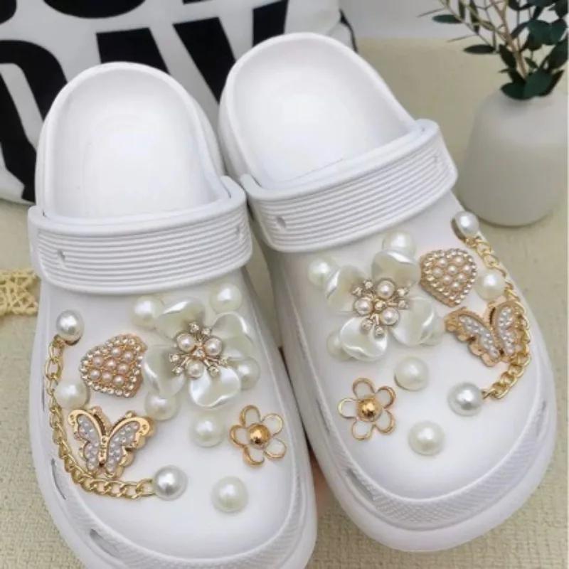 24Pcs Luxury Diamond ButterflyFiveleaf FlowerPearl Chain Shoe CharmsSet SummerDIY Decor Accessories for Clogs Hole Shoes Sandals