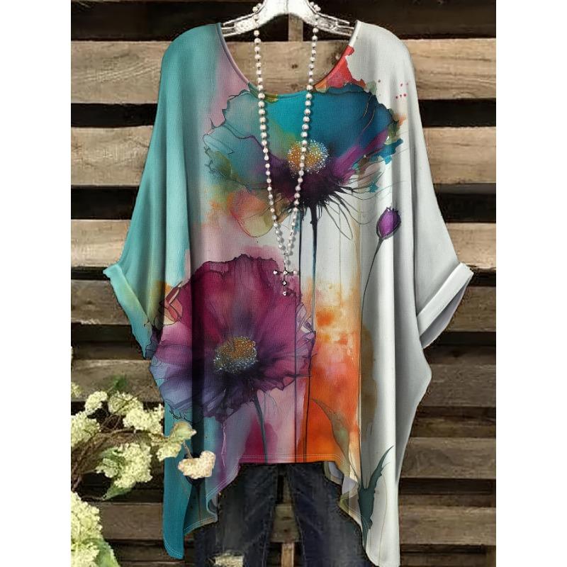 

Large size women s new T-shirt art watercolor floral print full body round neck raglan top casual comfortable loose fit 1XL