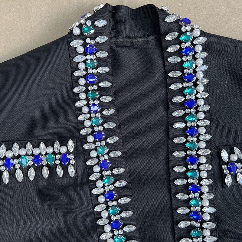Black Rhinestone Long Sleeve Bandage Top and Short Jacket Evening Dress