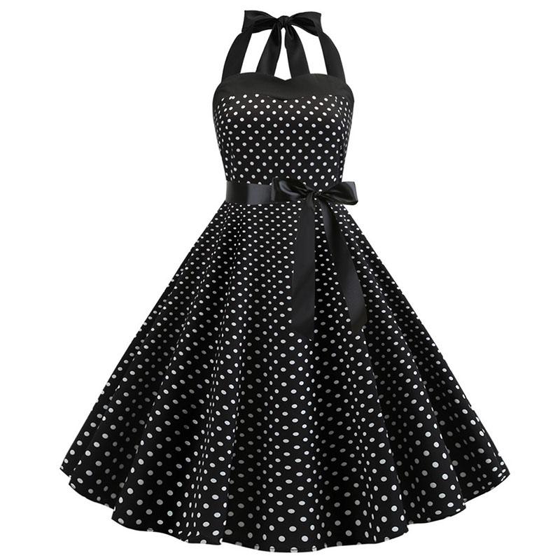 Sexy Retro White Polka Dot Dress Hepburn Vintage Halter Party Dress 50s 60s Pin Up Rockabilly Robe