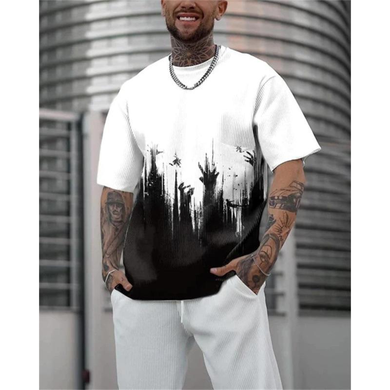 Tricou de vară pentru bărbați retro negru alb cu model geometric cu linii cubice, cu imprimeu mare, mânecă scurtă, top casual