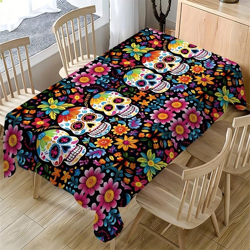 Mexican Day of The Dead Skull Flower Waterproof Tablecloth Table Decor Reusable Kitchen Dining Tablecloth Holiday Party Decor